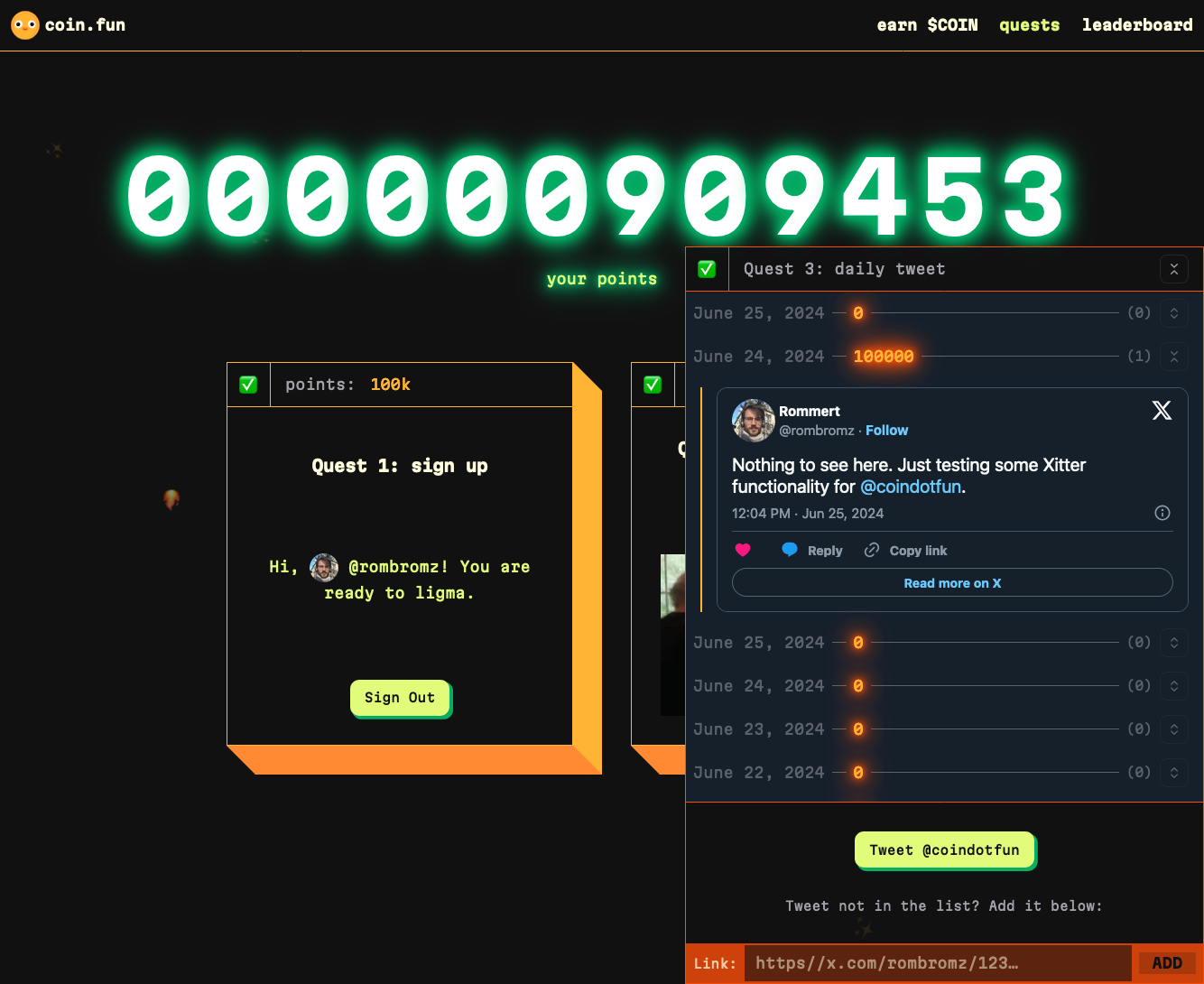 Coin.fun Quests Page